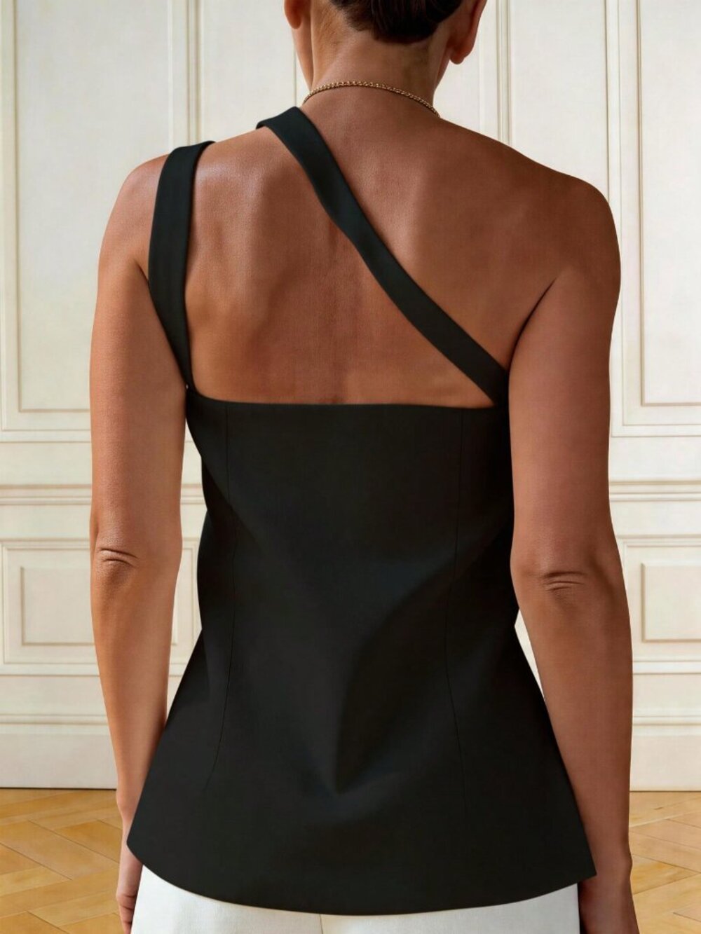 Black Casual Women's Asymmetric Front Button Oblique Shoulder Vest Top - Picture 2 of 4